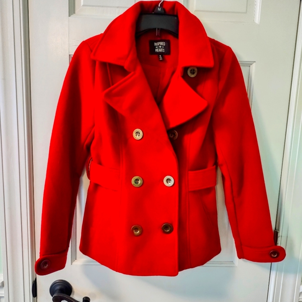 Woman's red faux wool hip length crossover Winter coat.  Size S